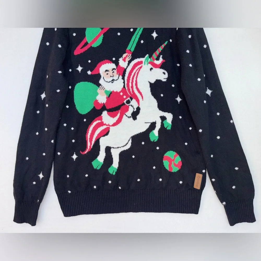 TIPSY‎ ELVES Ugly Christmas Sweater Santa Unicorn Black Long Sleeve Crew Neck XL